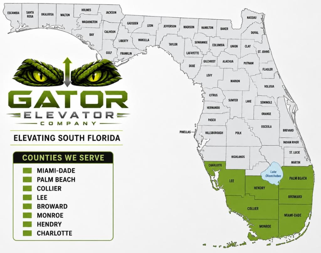 Florida county map with Gator Elevator service area highlighted in green — Charlotte, Lee, Hendry, Collier, Palm Beach, Broward, Miami-Dade, and Monroe counties